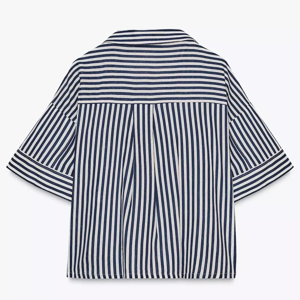 ZARA LINEN BLEND CROPPED SHIRT BLUE WHITE STRIPED MEDIUM V-NECK RESORT VACATION - Picture 7 of 9